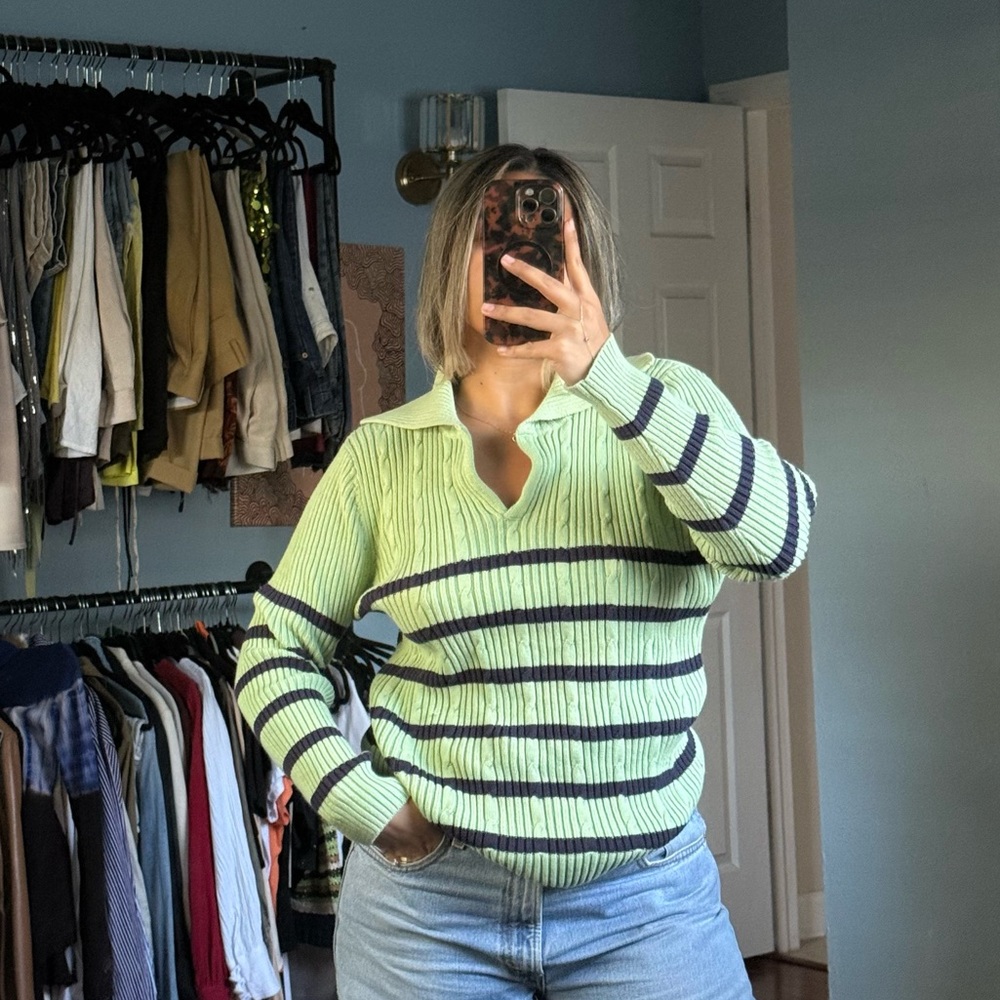 Liz Claiborne Lime Green and Navy Striped Collared V-Neck Sweater